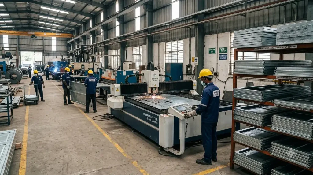 Steel doors manufacturer India facility in Hyderabad producing galvanized steel doors